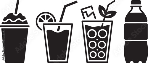 Blackand White Illustration Four Drinks Milkshake Iced Coffee Smoothie Lemon Soda Bottle vector