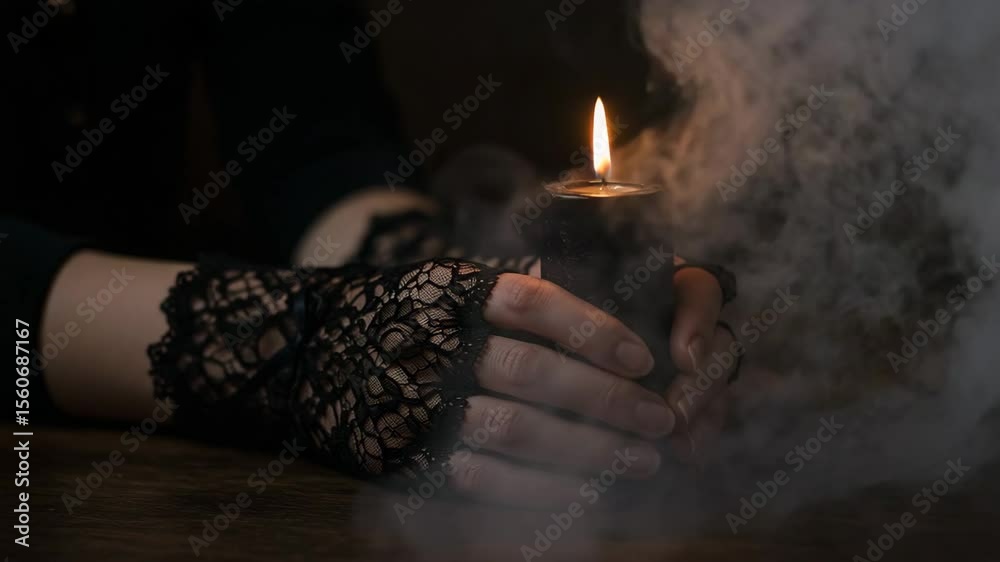 Witch's hands in black lace gloves performing a ritual with a black candle against a dark, smoky background
