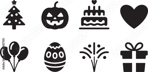 Eight Black Holiday Celebration Icons Set Christmas Tree Pumpkin Cake Heart Balloons Easter Egg Fireworks Gift