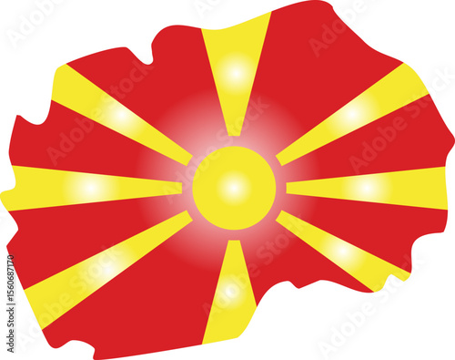 This image shows the outline of North Macedonia filled with the national flag featuring a stylized yellow sun with rays extending across a red background.