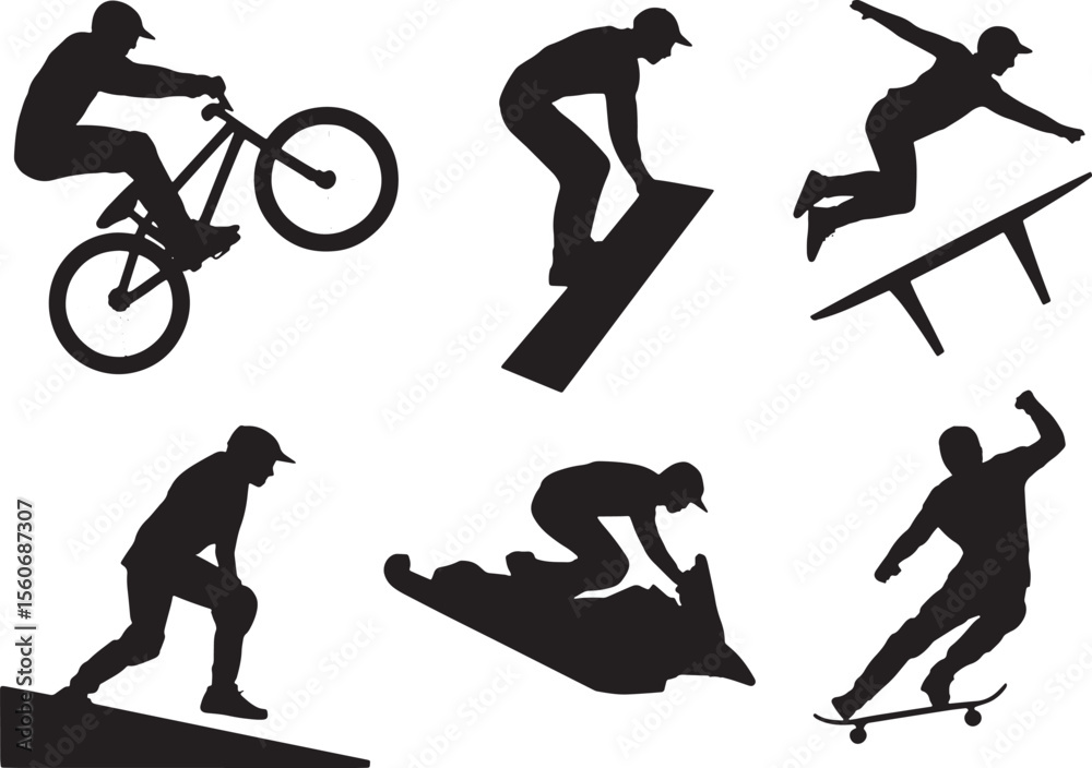 Naklejka premium Eight Black Silhouettes Athletes Extreme Sports B M X Skateboarding Ramp Jumps White Background vector
