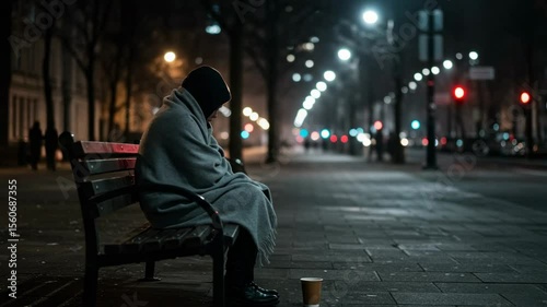 Lonely homeless person in a blanket sitting on a bench representing poverty against a dark city street at night