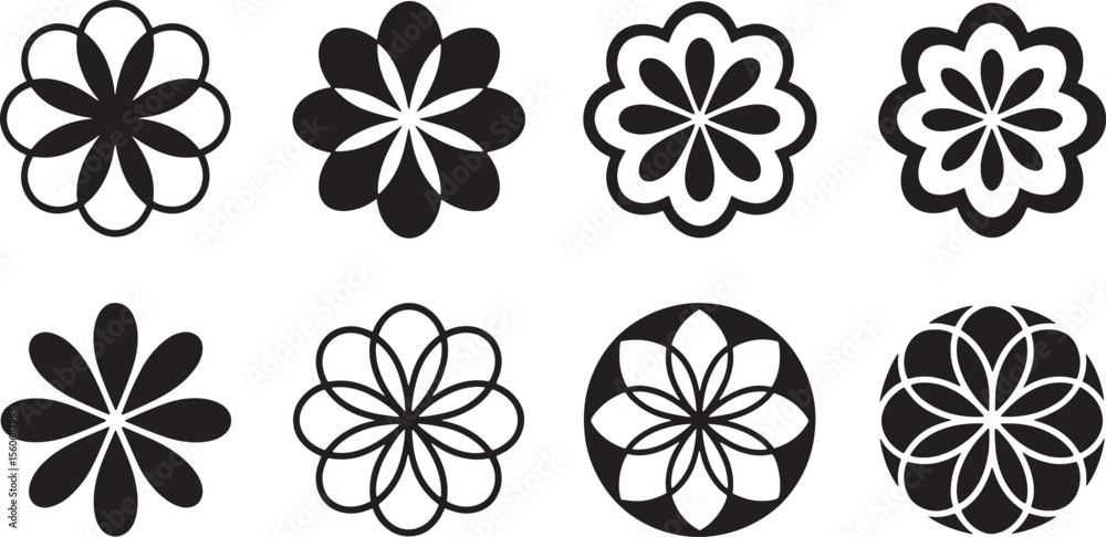 Ten Black and White Floral Mandala Icons Geometric Flower Designs Set Vector Graphics Ten Black and White Floral Mandala Icons Geometric Flower Designs Set Vector Graphics