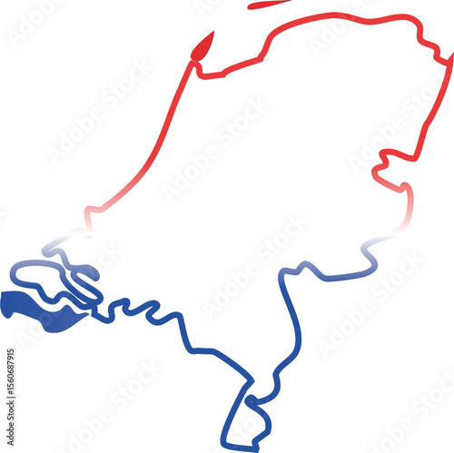 A stylized map of the Netherlands filled with the national flag's horizontal red, white, and blue stripes.