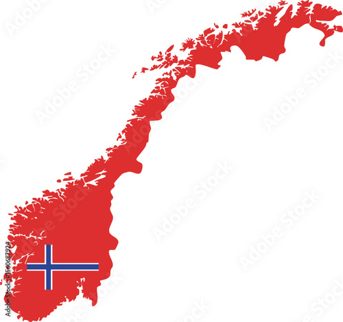 A silhouette map of Norway filled with solid red and featuring the Norwegian flag embedded in the southern region.