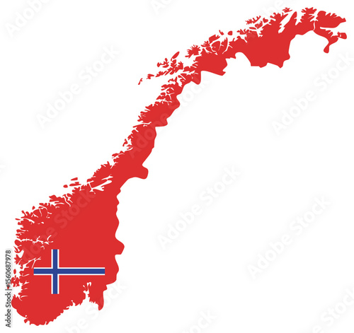 A silhouette map of Norway filled with solid red and featuring the Norwegian flag embedded in the southern region.