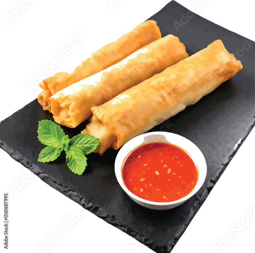 Spring Roll Appetizer – Vector Illustration of Crispy Rolls with Dipping Sauce and Fresh Mint on Slate Plate