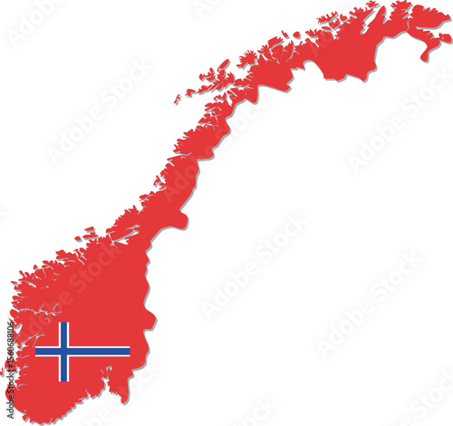 A silhouette map of Norway filled with solid red and featuring the Norwegian flag embedded in the southern region.