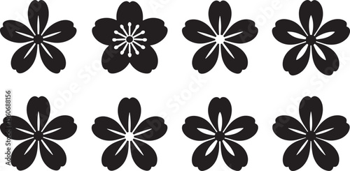 Ten Black Silhouette Japanese Sakura Flowers Set Floral Design Elements Botanical Illustration Graphic White