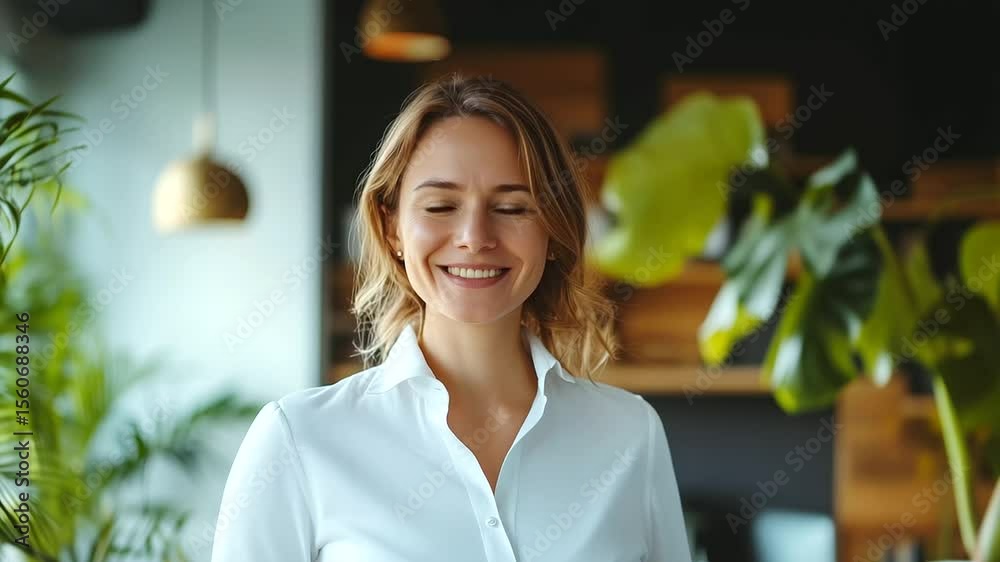 Successful team leader in white shirt smiling proudly at the camera, representing a productive and positive work environment. corporate culture, business success, positive energy,,Successful team lea