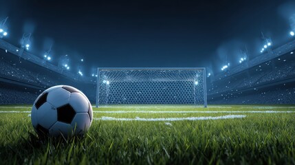 Soccer football championship vector background with sports ball and goals. Penalty kick concept. Gate soccer and ball on stadium illustration, no logos, no brands