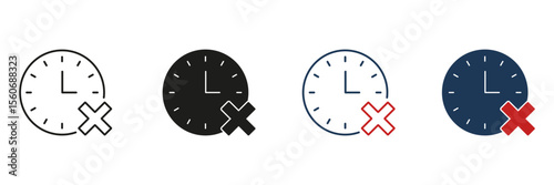 Clock With Cross Mark Line And Solid Icon Set. Time Management, Deadline Missed, And Schedule Cancellation Symbol Collection. Task And Appointment Rescheduling. Isolated Vector Illustration