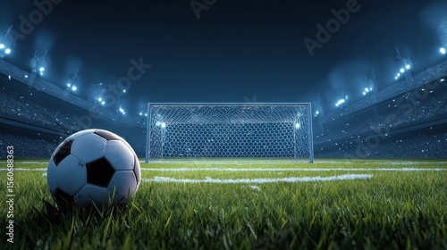 Soccer football championship vector background with sports ball and goals. Penalty kick concept. Gate soccer and ball on stadium illustration, no logos, no brands