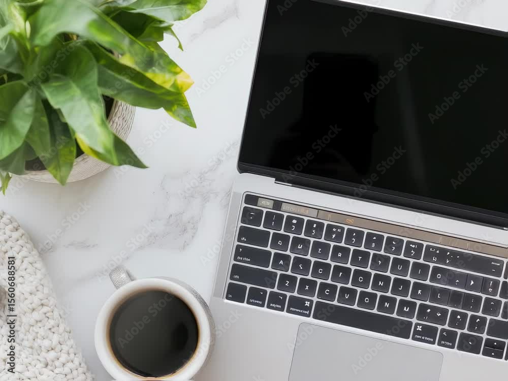 Workstation Composition: A minimalist workstation, featuring a sleek laptop, a warm cup of coffee, and a vibrant potted plant, creates a tranquil workspace atmosphere.