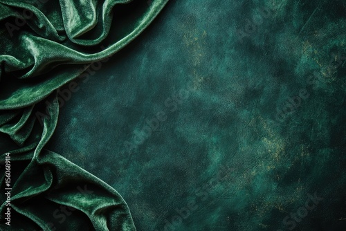 Draped emerald green velvet fabric on a textured dark green surface
