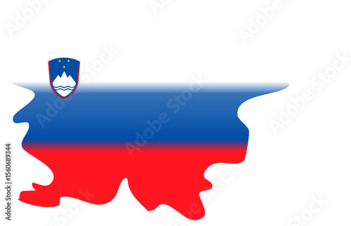 A silhouette map of Slovenia filled with the national flag's horizontal stripes of white, blue, and red, featuring the Slovenian coat of arms in the upper left.
