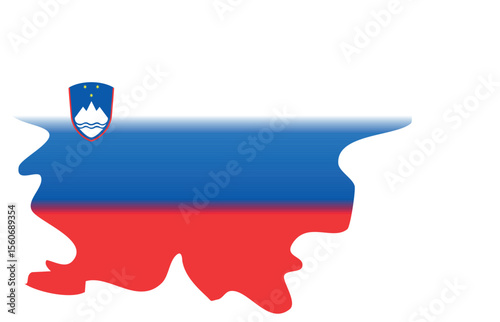 A silhouette map of Slovenia filled with the national flag's horizontal stripes of white, blue, and red, featuring the Slovenian coat of arms in the upper left.
