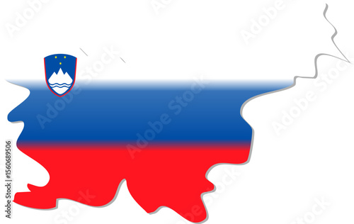A silhouette map of Slovenia filled with the national flag's horizontal stripes of white, blue, and red, featuring the Slovenian coat of arms in the upper left.