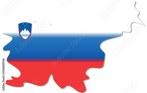 A silhouette map of Slovenia filled with the national flag's horizontal stripes of white, blue, and red, featuring the Slovenian coat of arms in the upper left.