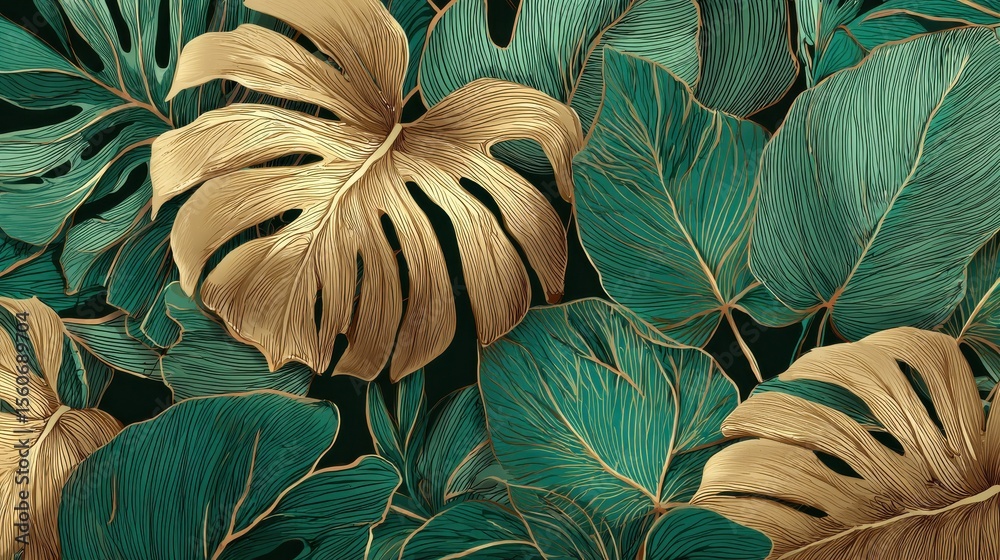 custom made wallpaper toronto digitalLuxury Nature green background vector. Floral pattern, Golden split-leaf Philodendron plant with monstera plant line arts, Vector illustration. illustration , no logos, no brands