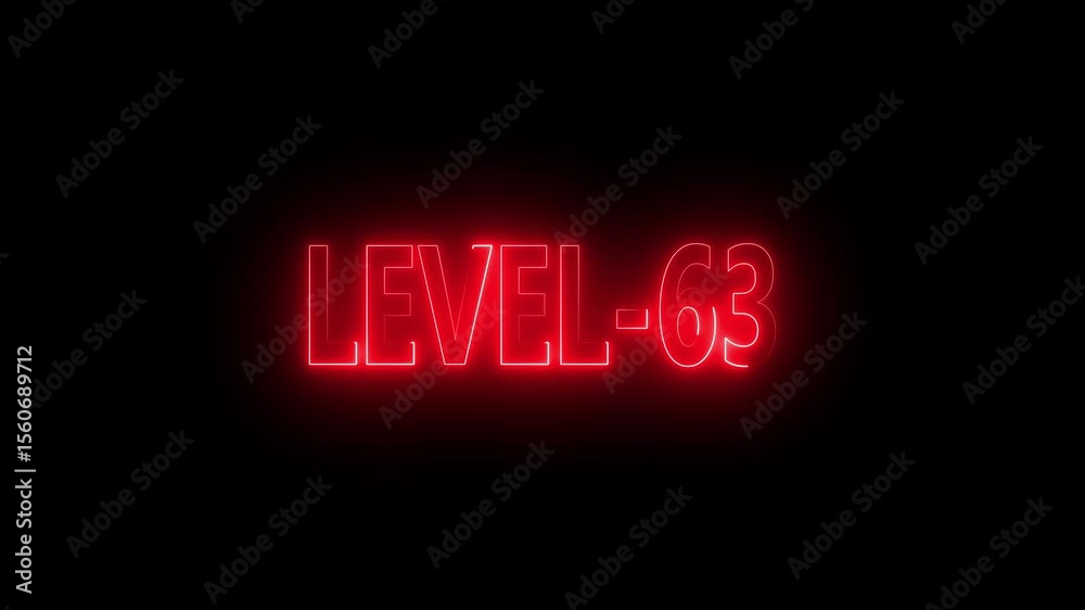 Glowing level-63 text with glitch effects animation. game concept next level icon isolated . Black background.