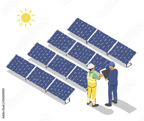 Solar cell team service install for new customer isometric designed. solar cell installer team service for customer house ecology and eco business isometric isolate vector.