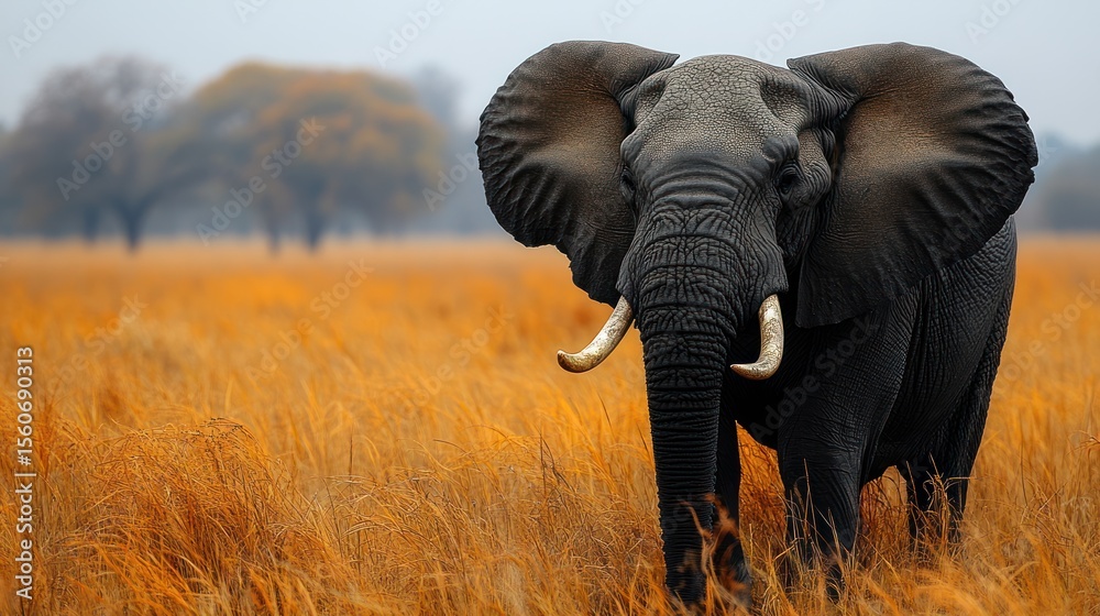 Fototapeta premium Majestic elephant stands proudly in golden grassland at dusk