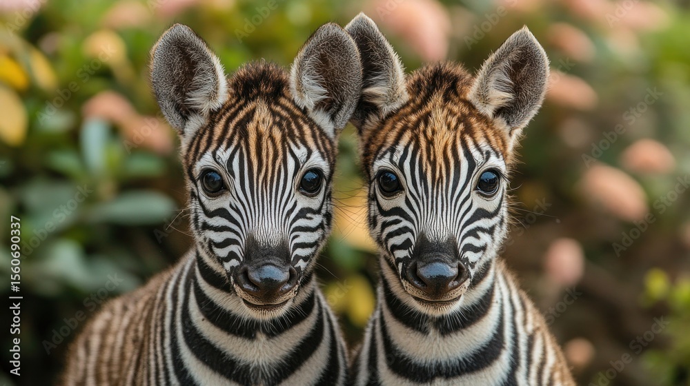 Fototapeta premium Zebra twins playfully interacting in a lush garden setting during golden hour
