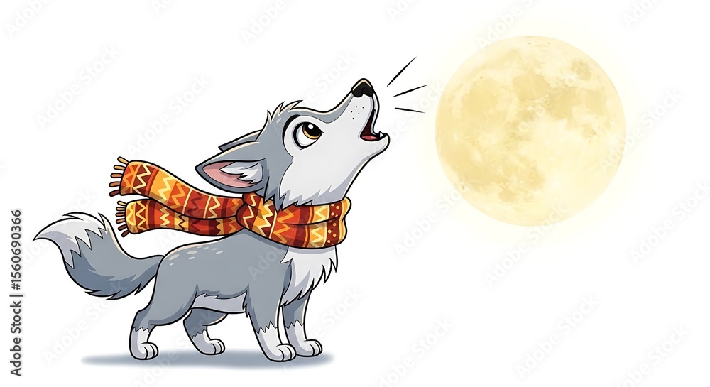 Naklejka premium Cartoon wolf wearing a scarf howling at the moon on a white background in a digital illustration