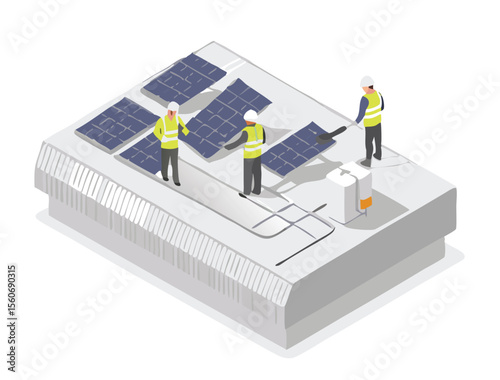 Solar cell team service install for new customer isometric designed. solar cell installer team service for customer house ecology and eco business isometric isolate vector.