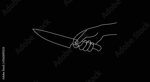 Black hand holding a knife on a black background, minimalist style, copy space