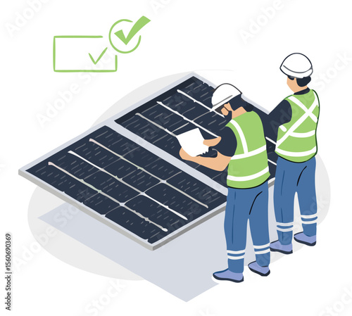 Solar cell team service install for new customer isometric designed. solar cell installer team service for customer house ecology and eco business isometric isolate vector.
