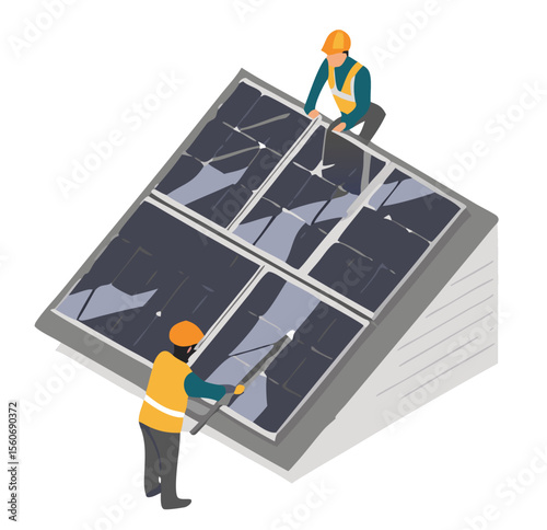 Solar cell team service install for new customer isometric designed. solar cell installer team service for customer house ecology and eco business isometric isolate vector.