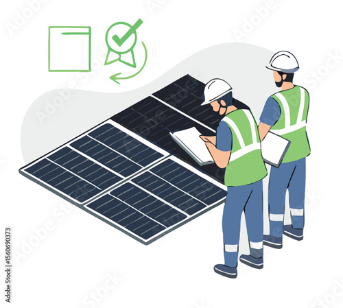 Solar cell team service install for new customer isometric designed. solar cell installer team service for customer house ecology and eco business isometric isolate vector.