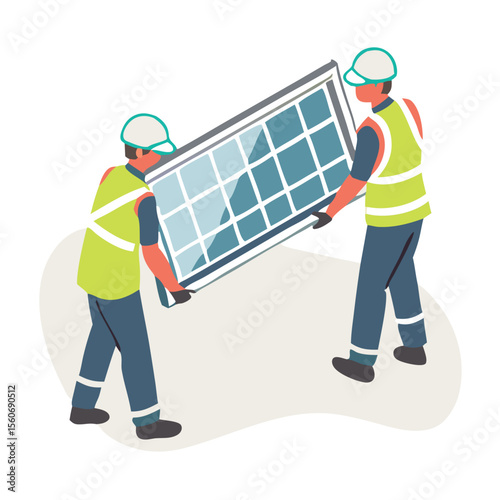 Solar cell team service install for new customer isometric designed. solar cell installer team service for customer house ecology and eco business isometric isolate vector.