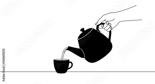 Hand pouring tea from a teapot into a cup on a white background, minimalist style, copy space
