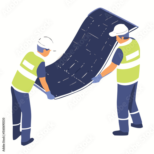 Solar cell team service install for new customer isometric designed. solar cell installer team service for customer house ecology and eco business isometric isolate vector.