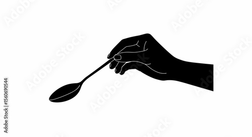 Hand holding a spoon in a minimalist style on a plain background