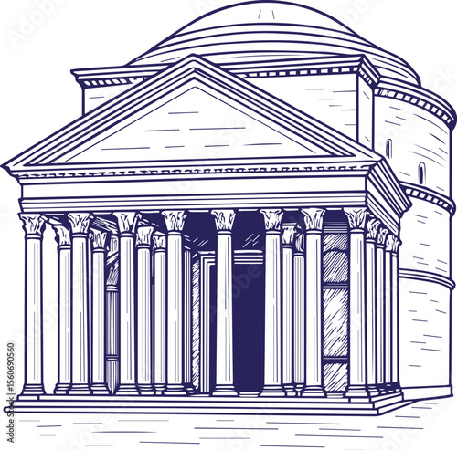 Roman Pantheon in line art style with domed roof and columns