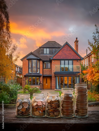 house on the river, house in autumn, sunset, UK House,  nature, house with money coins, real estate house, 