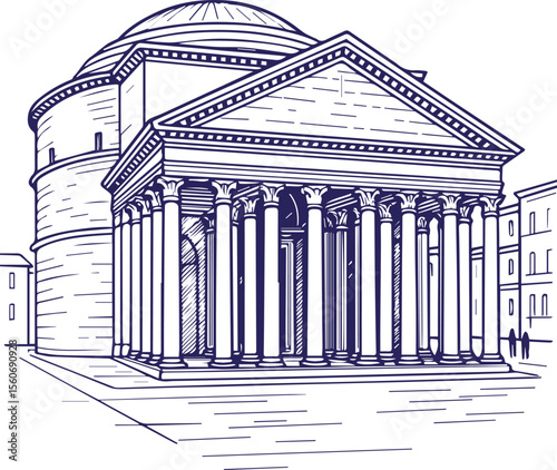 Ancient Roman Pantheon in line art style with columned facade