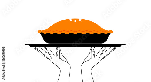 Hands holding a pie on a tray in a minimalist line art style on a plain background

