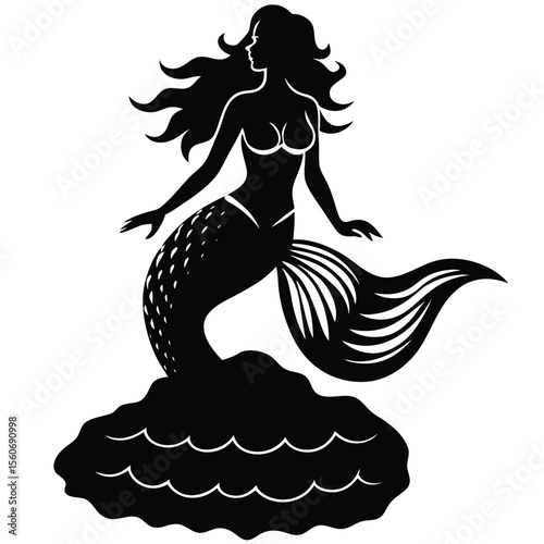 Elegant Mermaid Silhouette on a Rock Formation with Flowing Hair and a Finely Detailed Tail Design on White Background