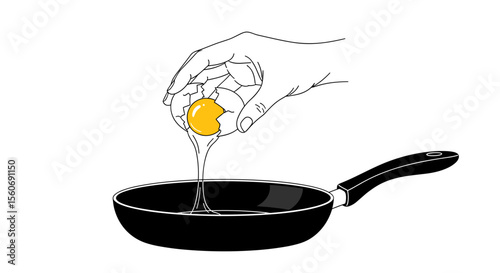 Hand cracking an egg into a frying pan in a minimalist line art style on a plain background
