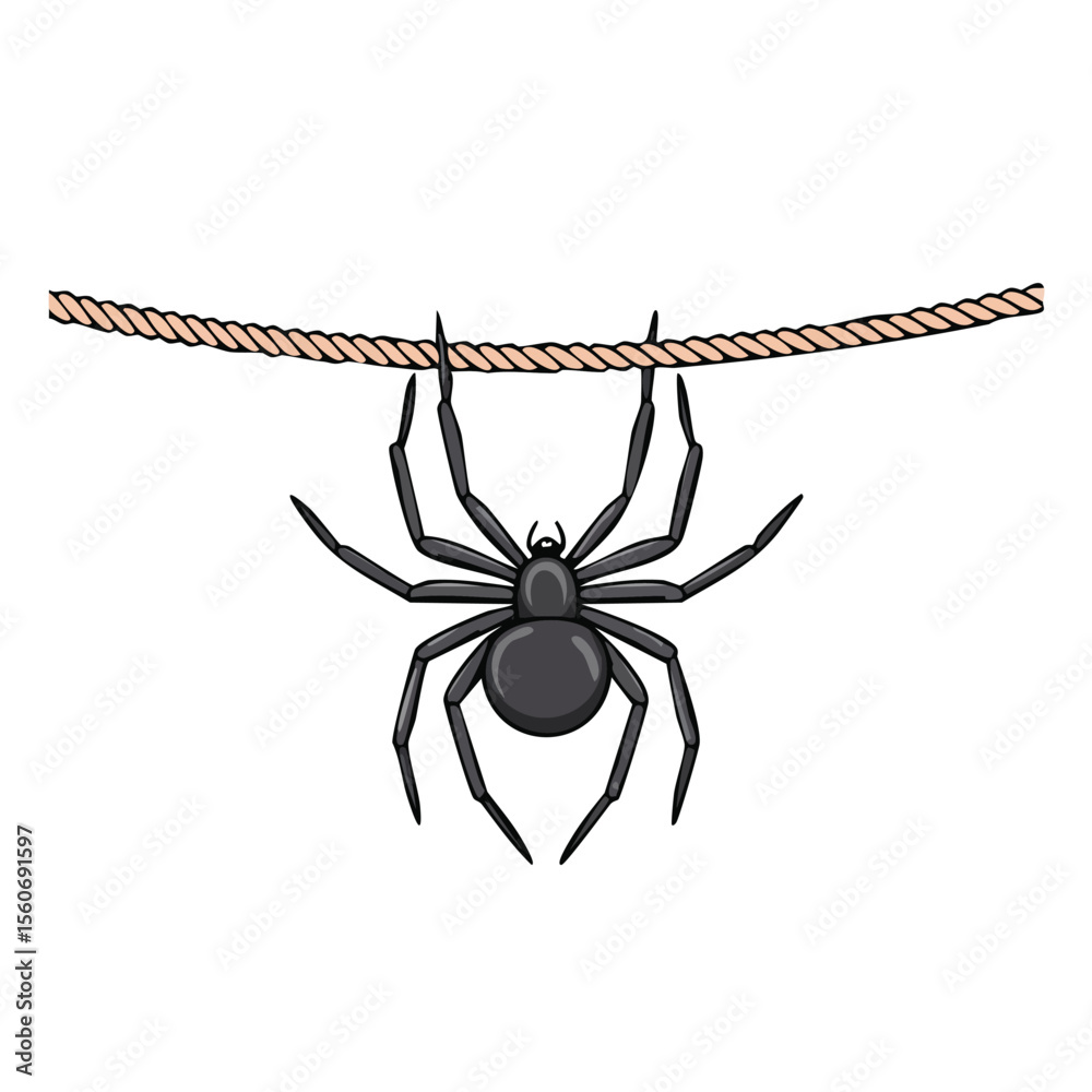 Obraz premium The black spider descends and ascends on a rope,insect, predator, web, spider, animal, black, scarey, spider's web, fauna, fear, festive, horror, monster, party, creepy, 