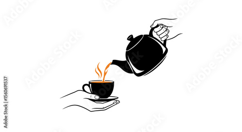 One hand pouring tea from a teapot into a cup held by another hand in a minimalist line art style on a plain background