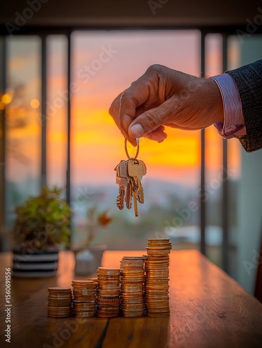 House keys with coins, real estate agent with house keys, sky sunset view