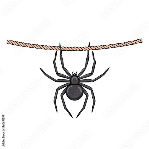 The black spider descends and ascends on a rope,insect, predator, web, spider, animal, black, scarey, spider's web, fauna, fear, festive, horror, monster, party, creepy, 