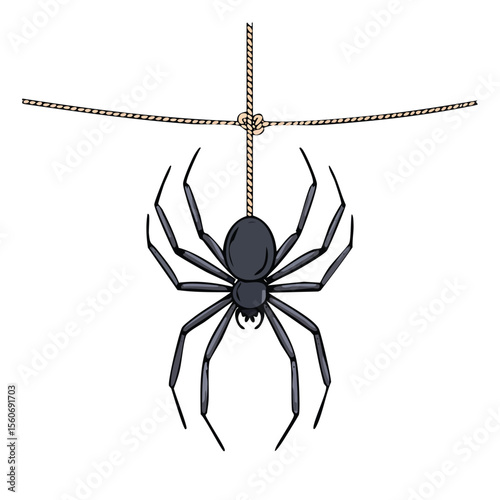 The black spider descends and ascends on a rope,insect, predator, web, spider, animal, black, scarey, spider's web, fauna, fear, festive, horror, monster, party, creepy, 