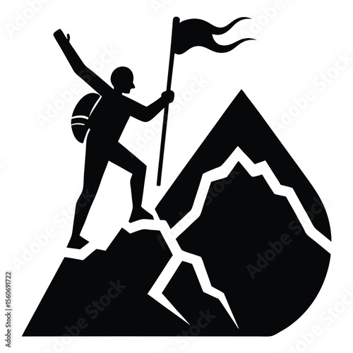 Silhouette of a Victorious Climber on a Summit with a Flag Symbolizing Achievement and Success Overcoming Challenges in Mountainous Terrain